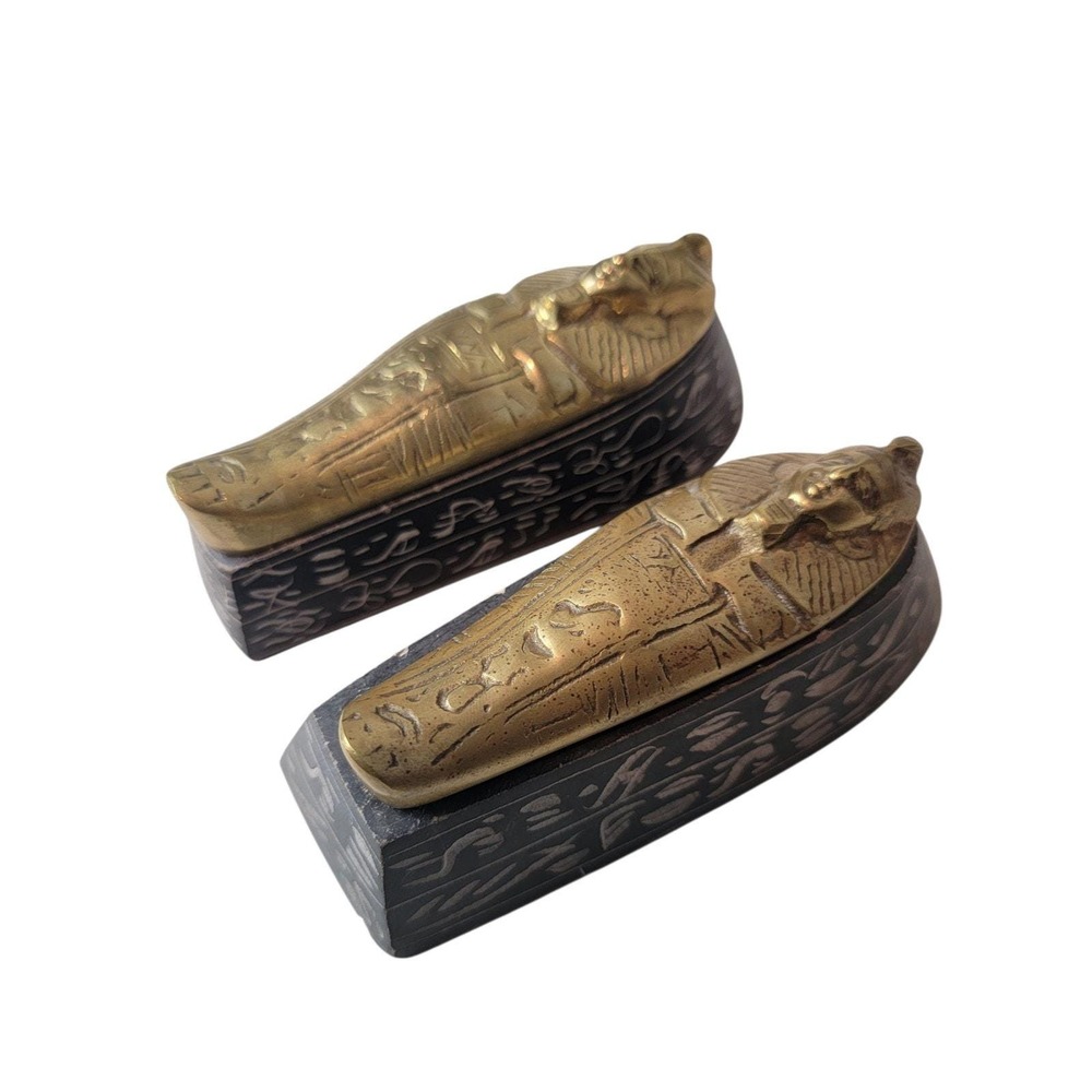 Vintage Brass Soapstone Figurine Egyptian Sarcophagus Home‎ Decor Gold Black